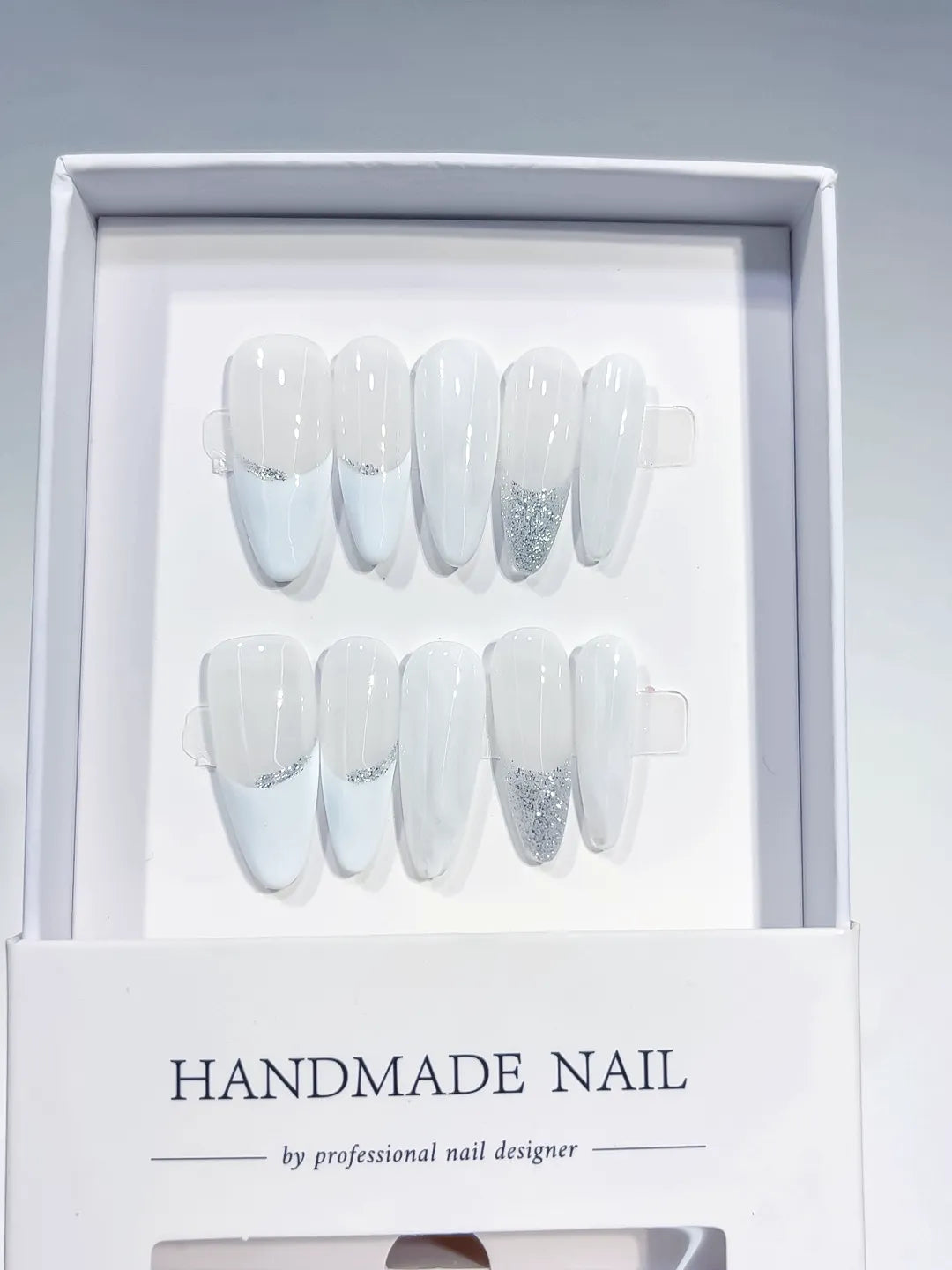 B106 - Long White Silver Almond French tip