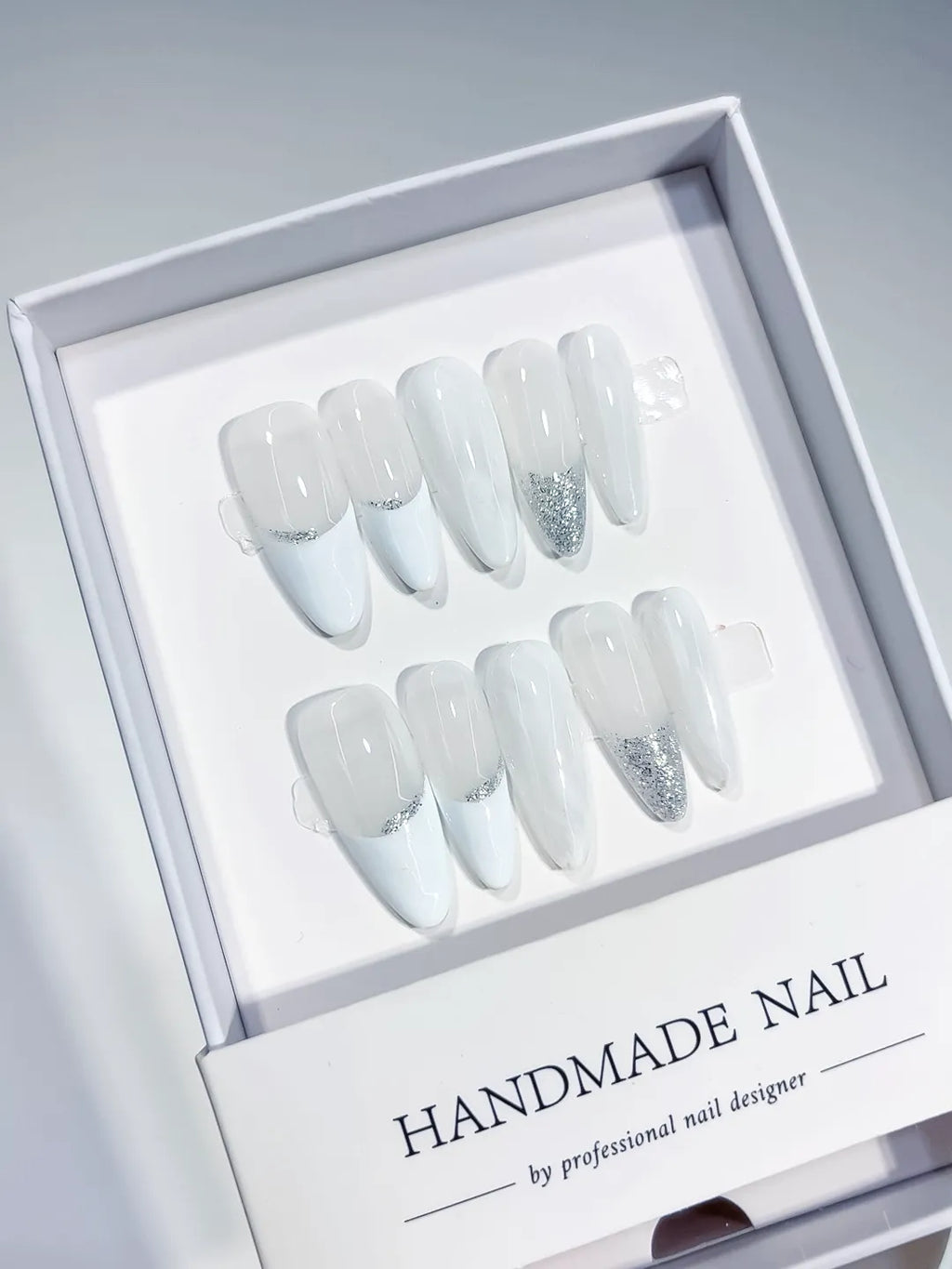 B106 - Long White Silver Almond French tip