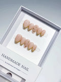 B109 - Short Nude Gold Almond French tip Rhinestone