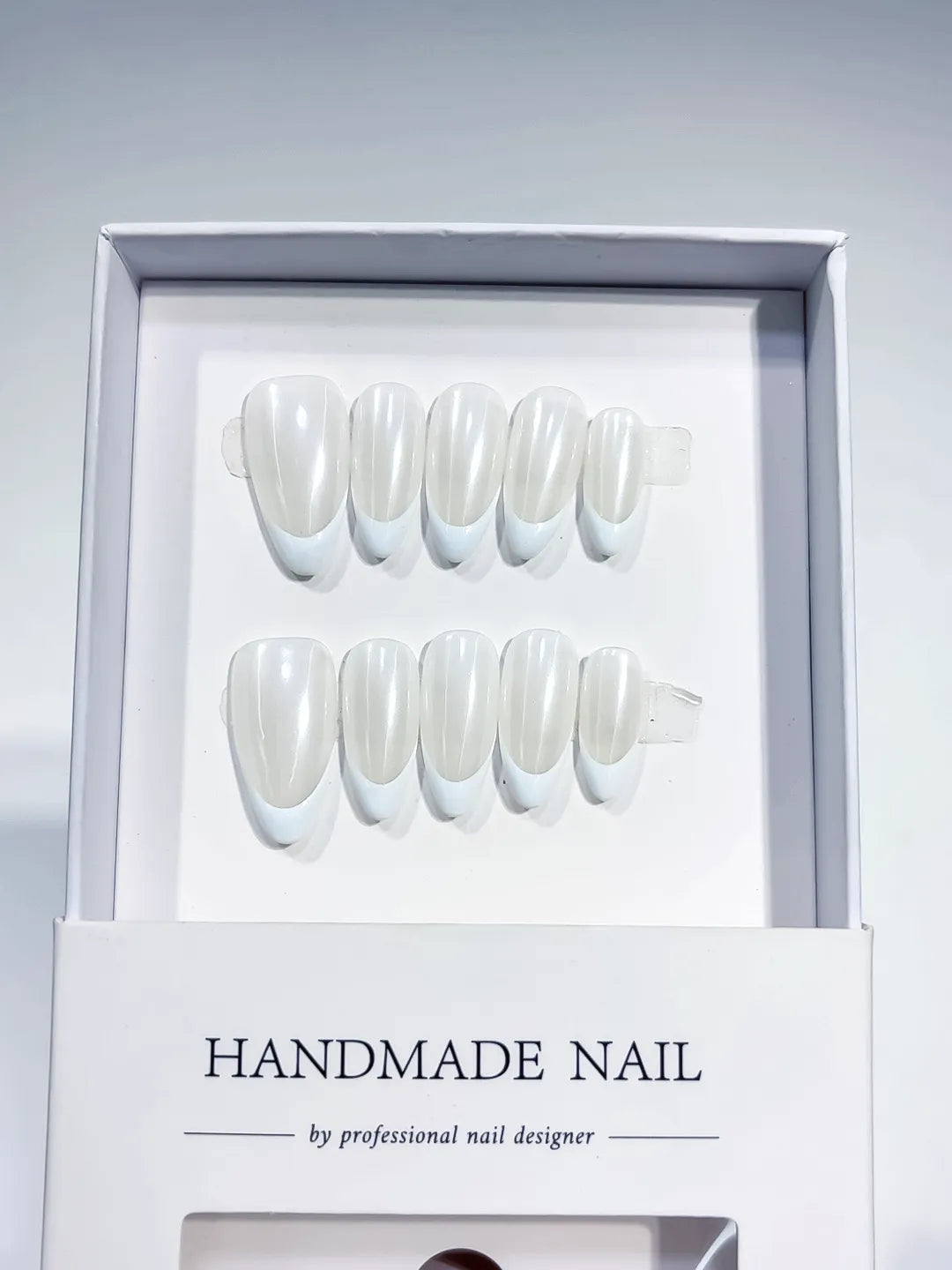 B110 - Medium White Almond French tip Pearl Sheen VibeNailsLab