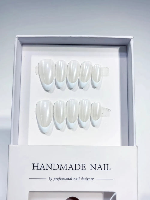 B110 - Medium White Almond French tip Pearl Sheen VibeNailsLab