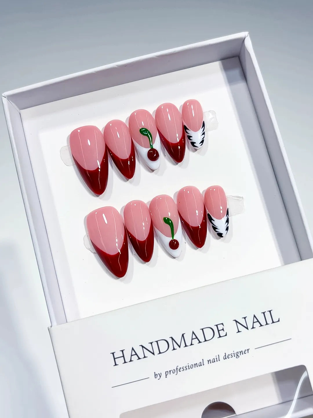 B112 - Medium Pink Red Almond French tip Cherry Leaf