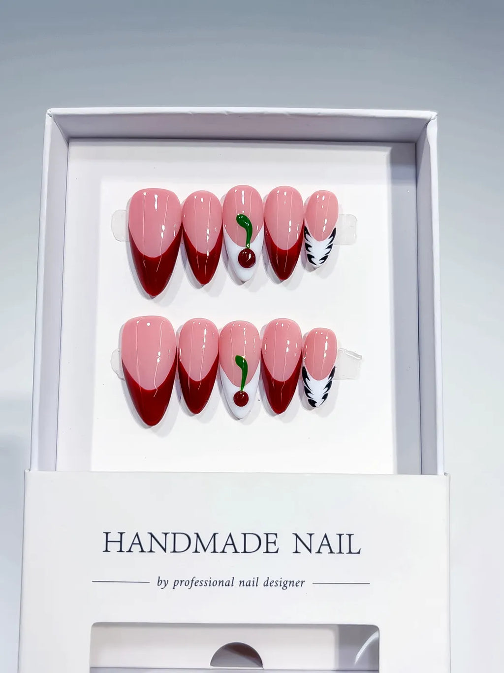 B112 - Medium Pink Red Almond French tip Cherry Leaf