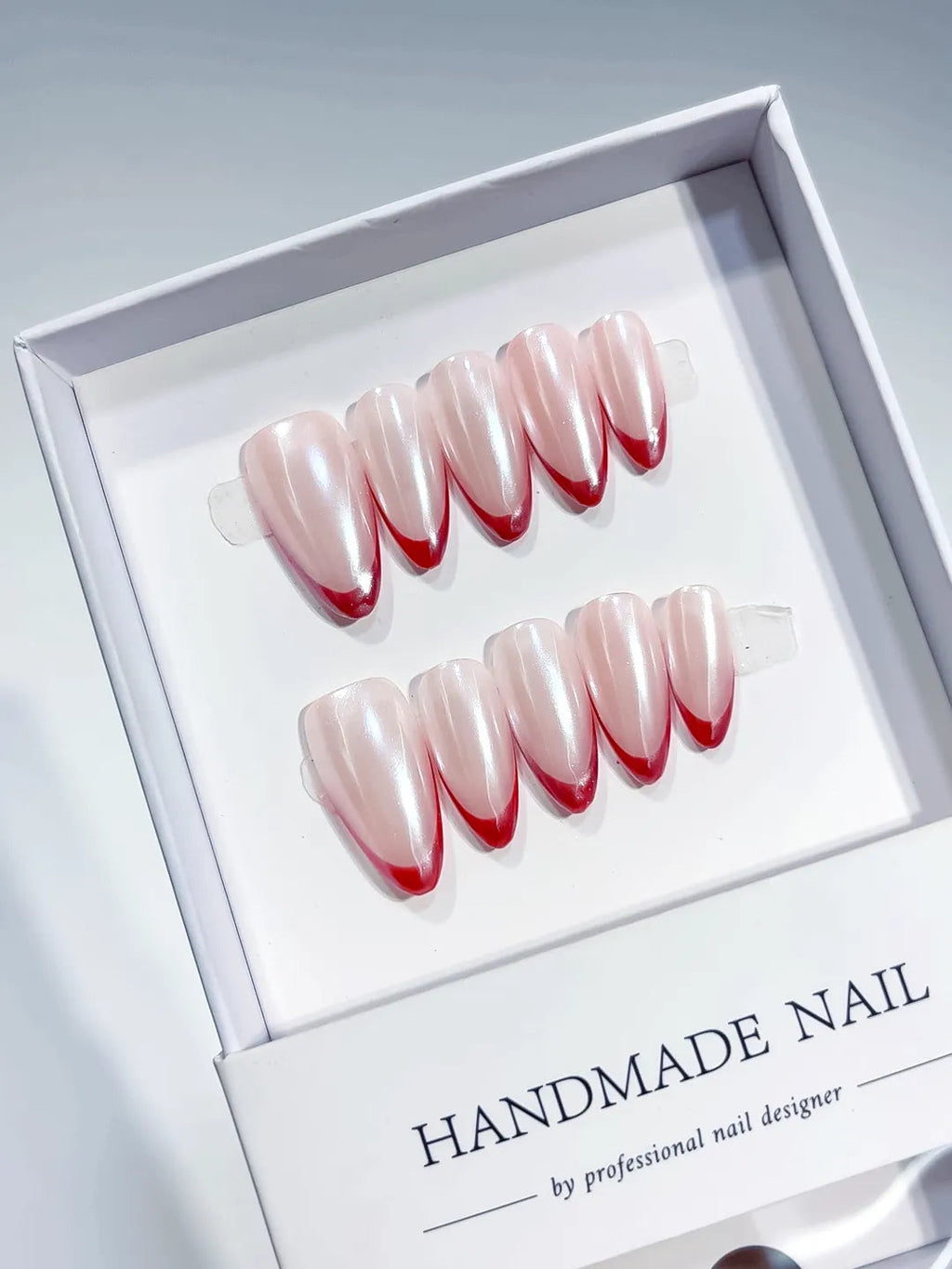 B113 - Medium White Pink Almond French tip Pearl Sheen VibeNailsLab