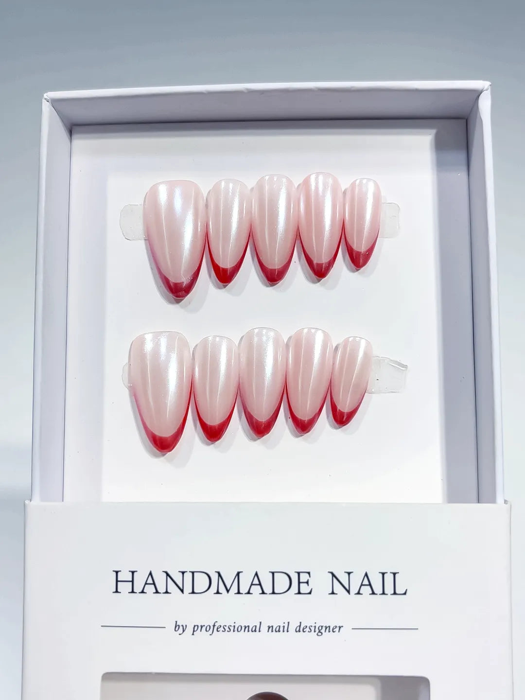 B113 - Medium White Pink Almond French tip Pearl Sheen VibeNailsLab