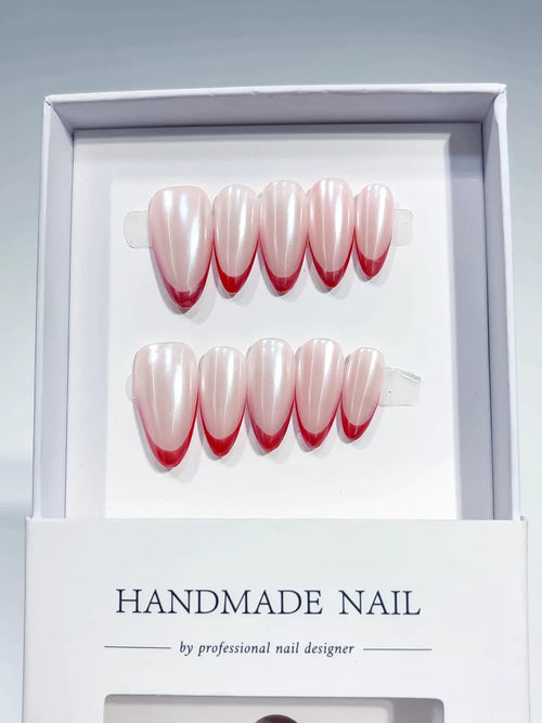 B113 - Medium White Pink Almond French tip Pearl Sheen VibeNailsLab