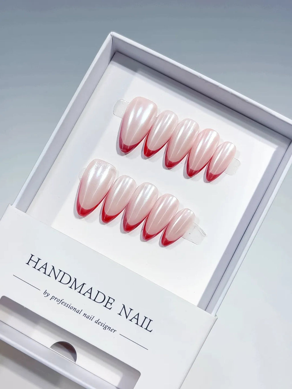 B113 - Medium White Pink Almond French tip Pearl Sheen VibeNailsLab