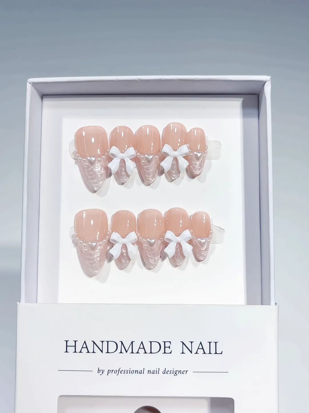 B114 - Medium Nude White Almond French tip Bow Lace