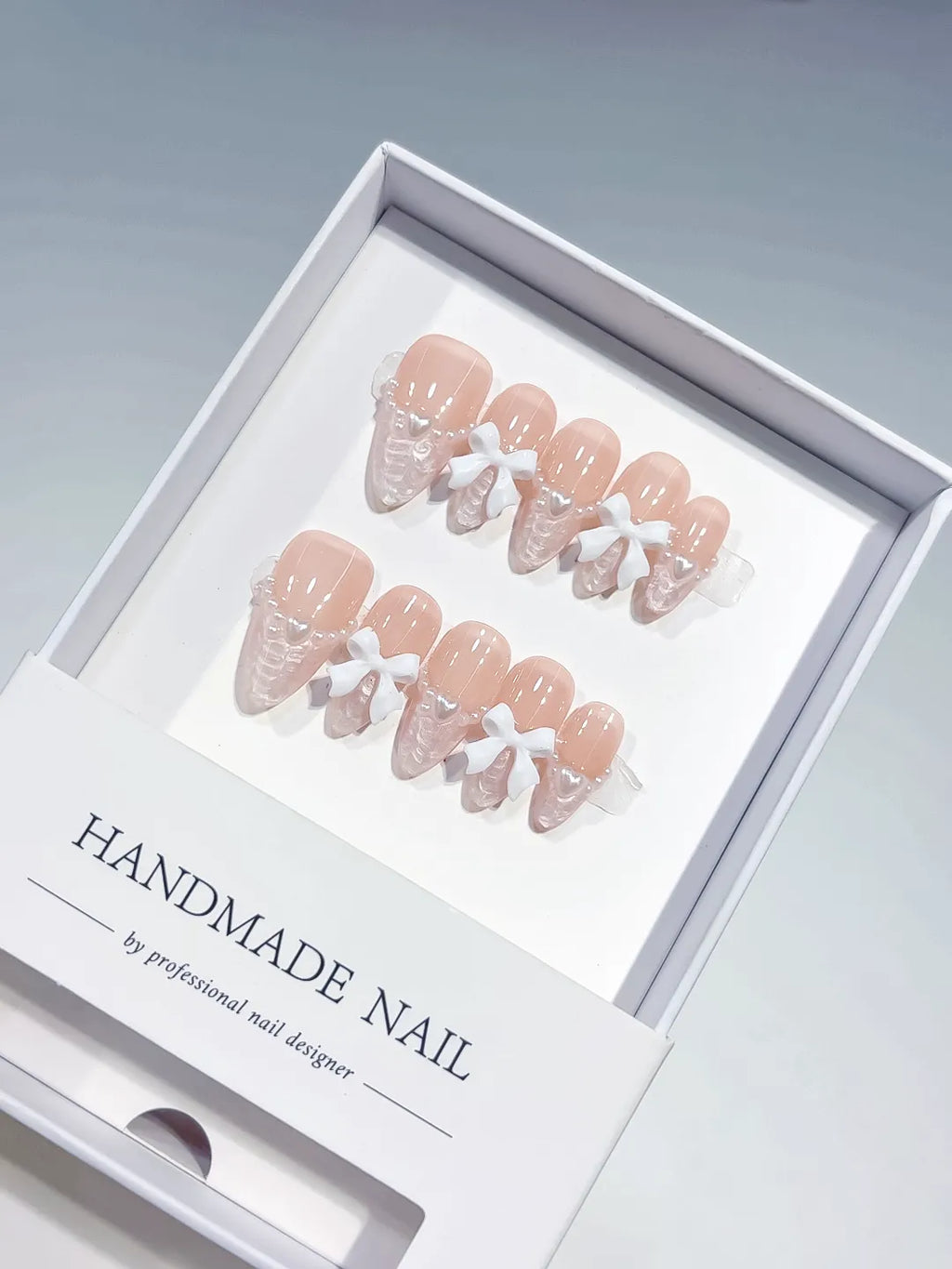 B114 - Medium Nude White Almond French tip Bow Lace