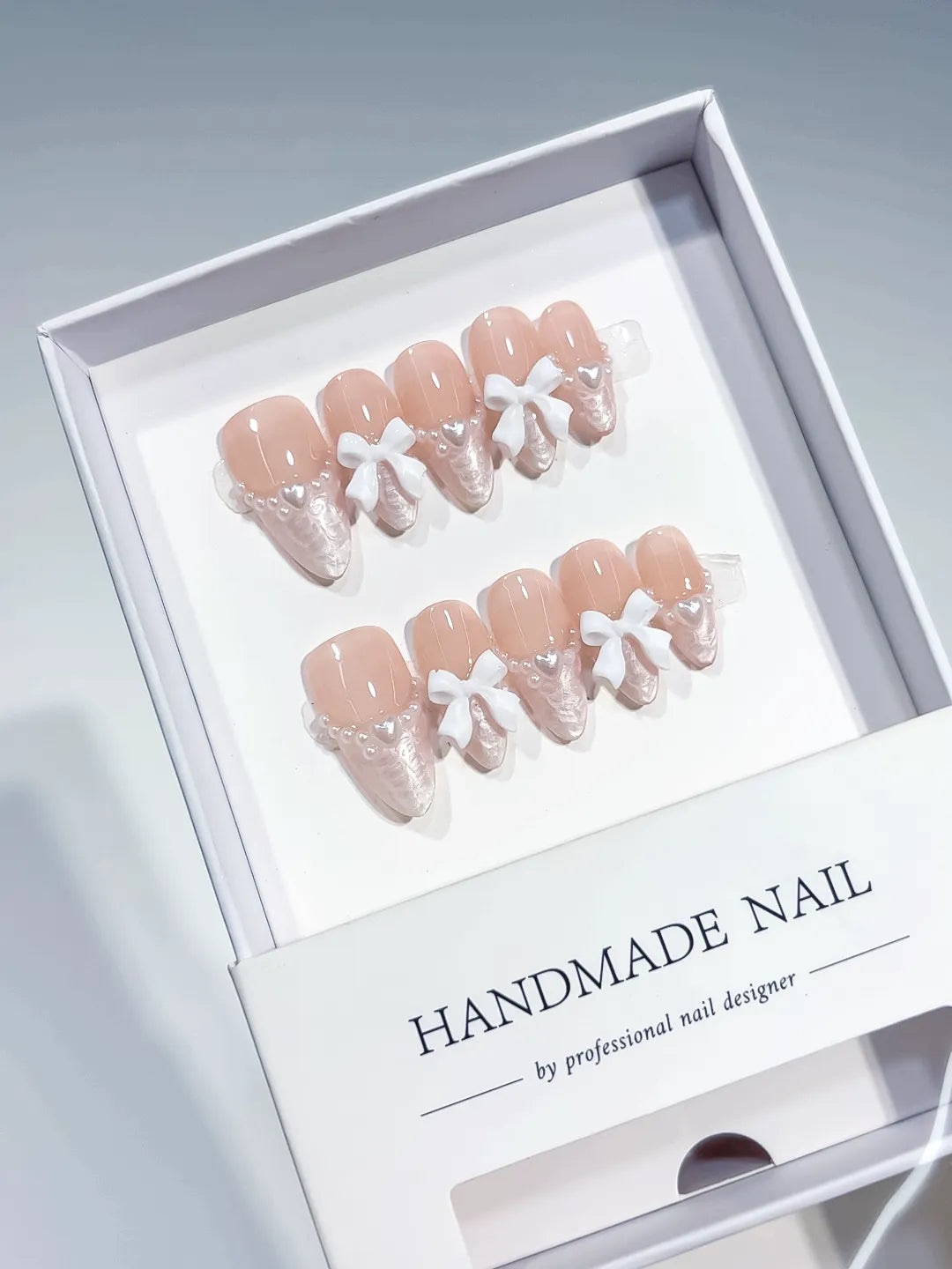 B114 - Medium Nude White Almond French tip Bow Lace