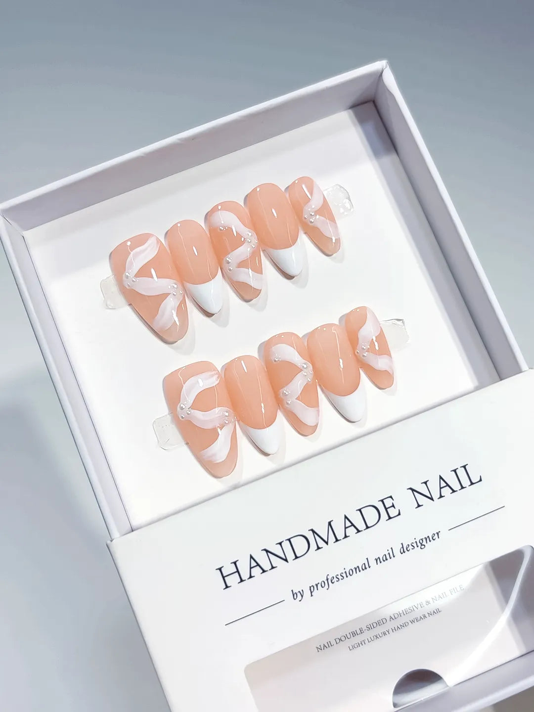 B123 - Short Nude White Almond French tip Bow Swirl