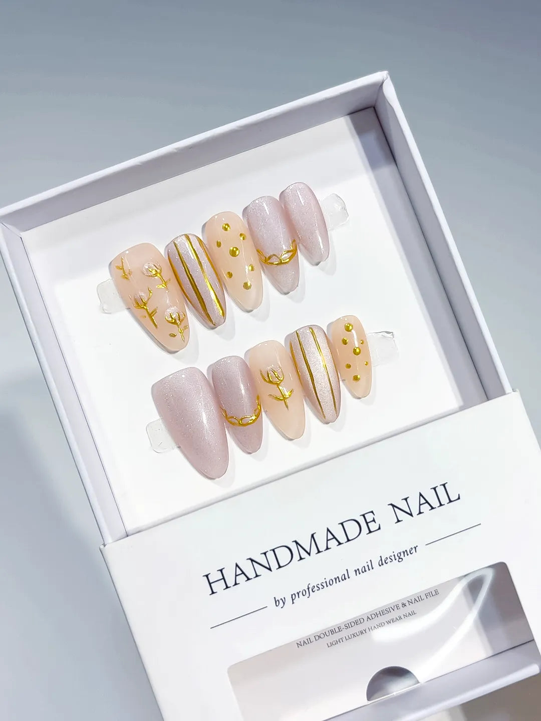 B129 - Medium Nude White Almond Abstract Gold Line Gold Stud