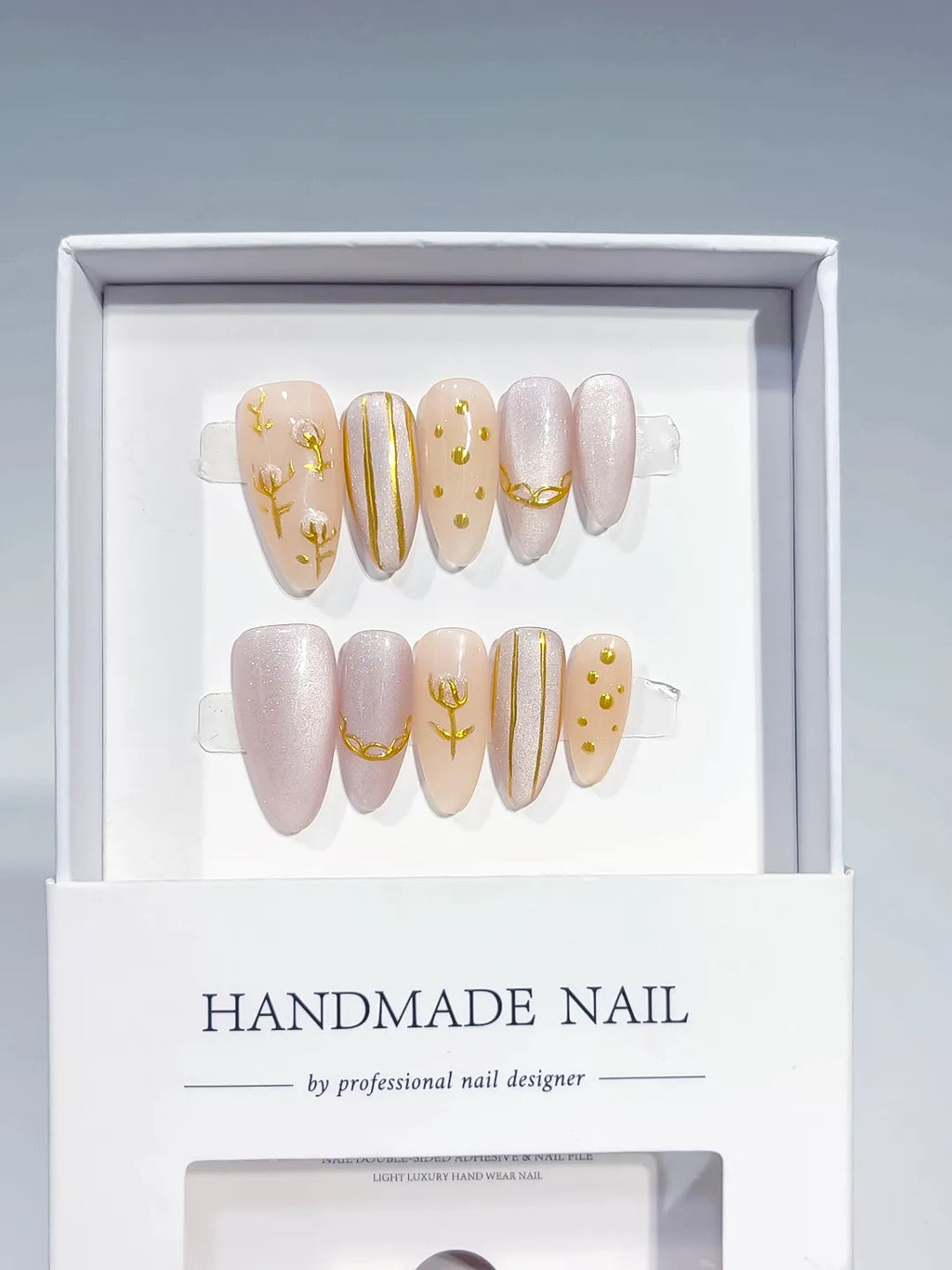 B129 - Medium Nude White Almond Abstract Gold Line Gold Stud