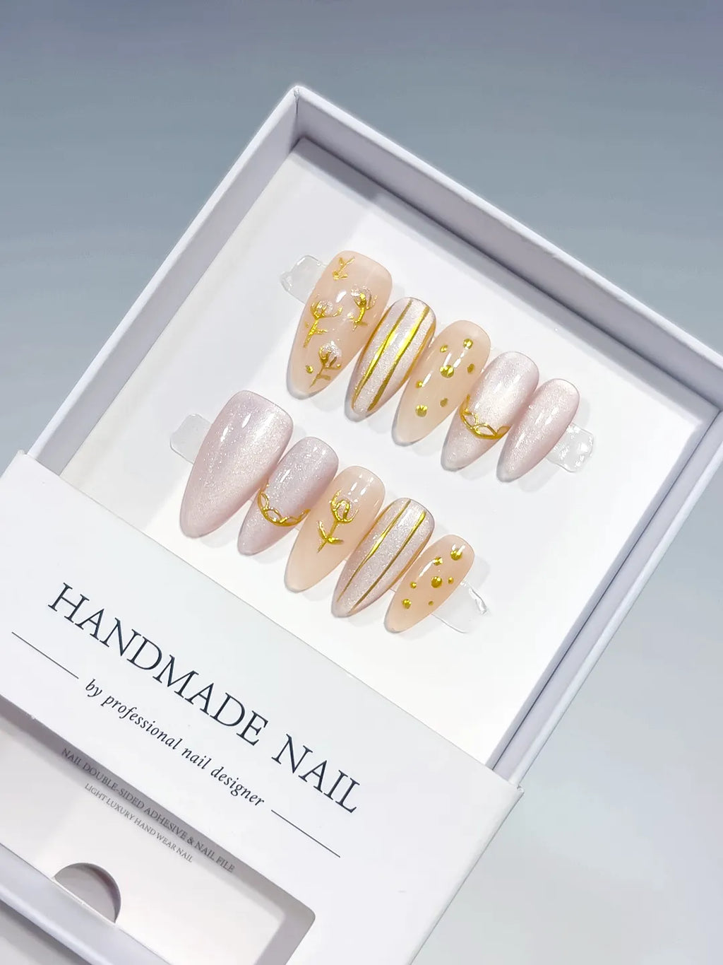 B129 - Medium Nude White Almond Abstract Gold Line Gold Stud