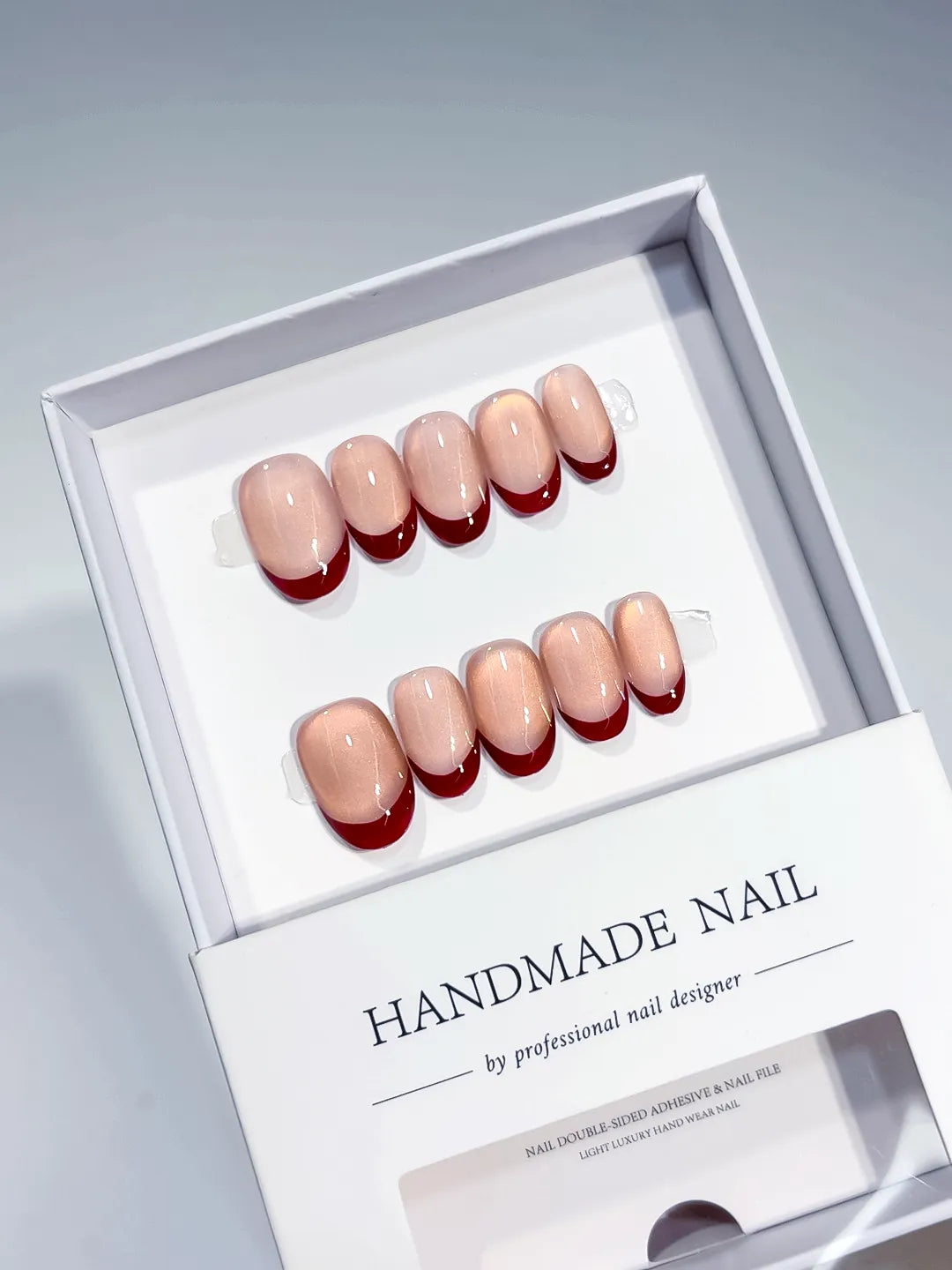 B131 - Short Nude Red Oval French tip Aurora Sheen