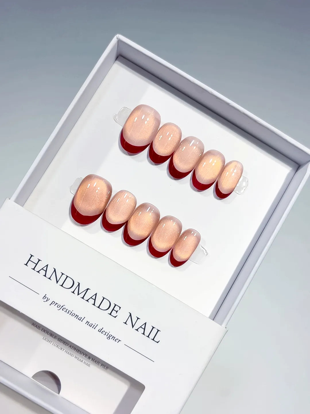 B131 - Short Nude Red Oval French tip Aurora Sheen