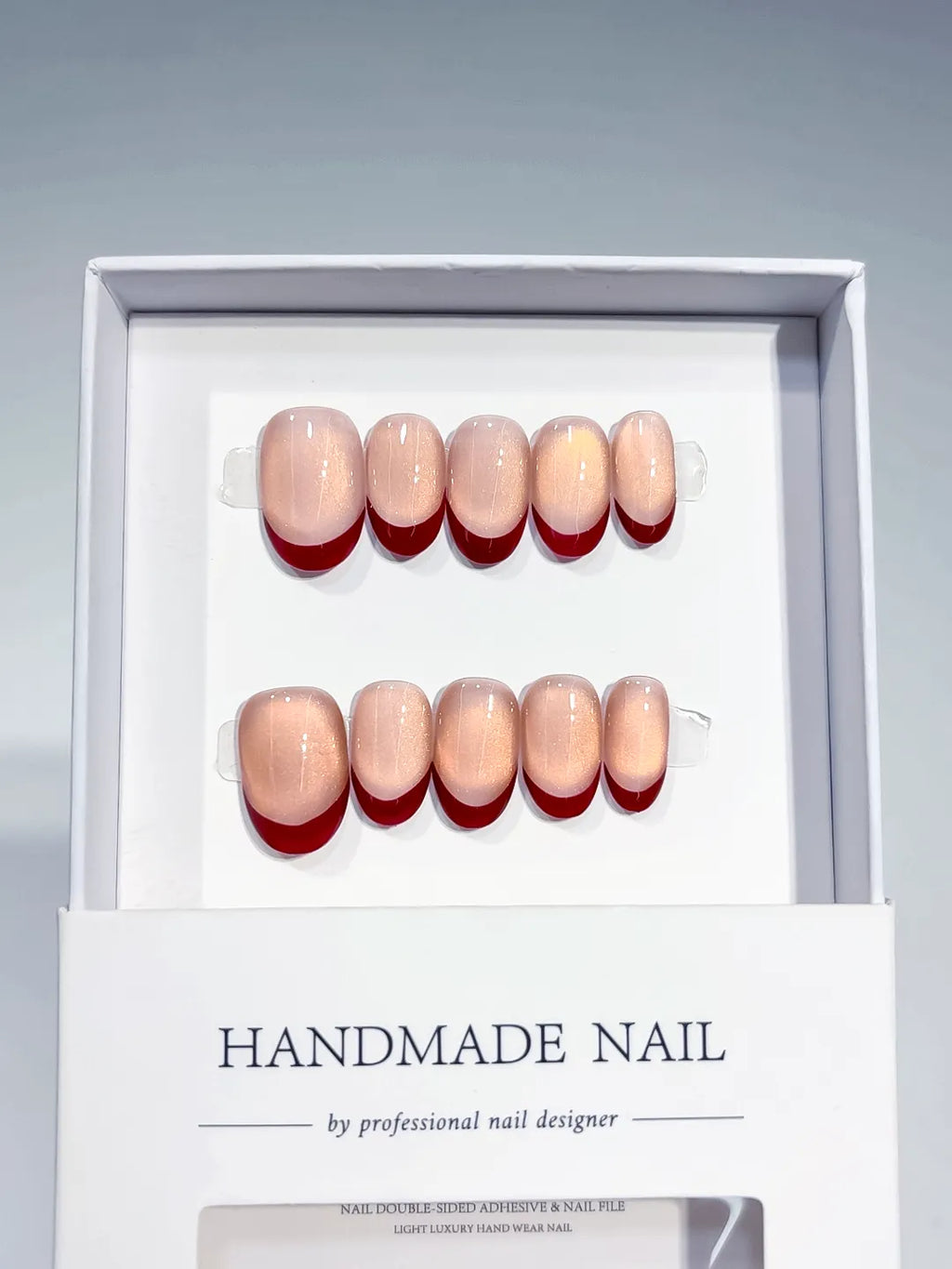 B131 - Short Nude Red Oval French tip Aurora Sheen
