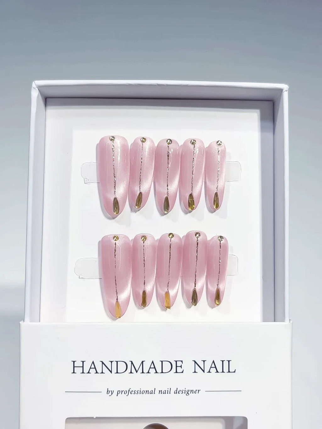 B137 - Long Pink Gold Oval Metallic Gold Tip Rhinestone VibeNailsLab
