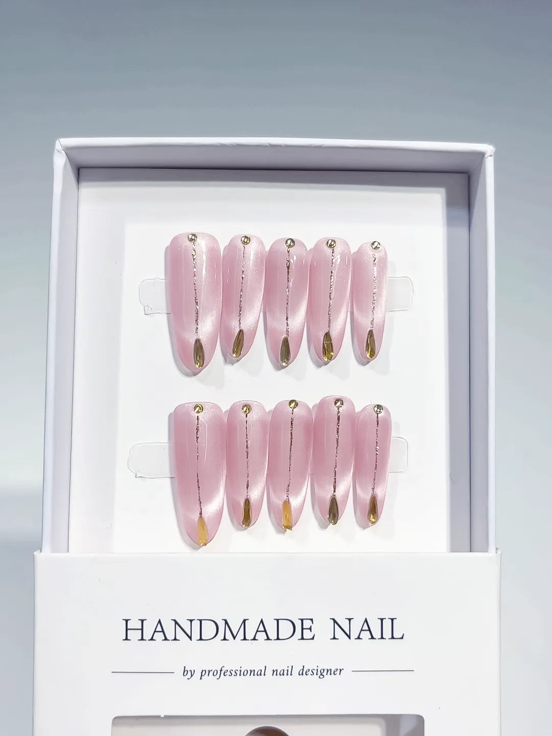 B137 - Long Pink Gold Oval Metallic Gold Tip Rhinestone VibeNailsLab