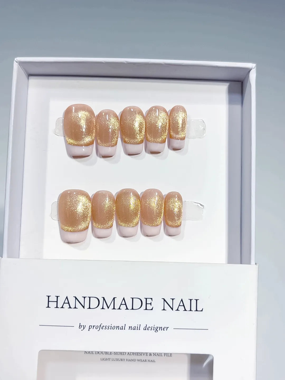 B138 - Medium Nude Gold Square French tip Glitter