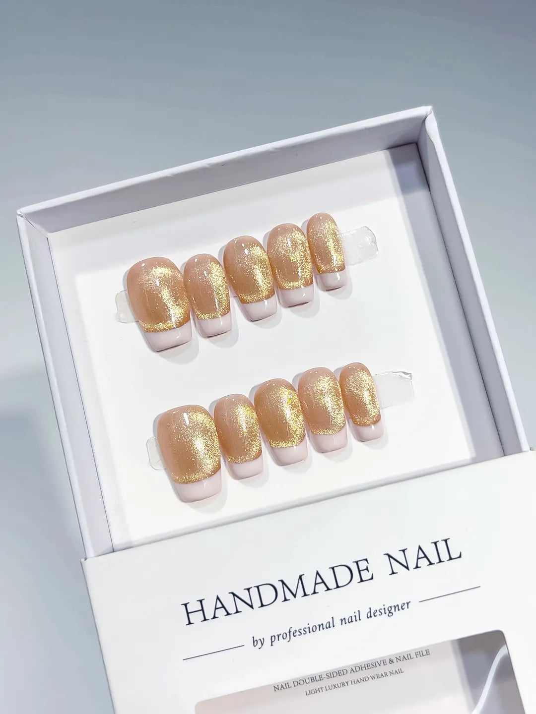 B138 - Medium Nude Gold Square French tip Glitter VibeNailsLab
