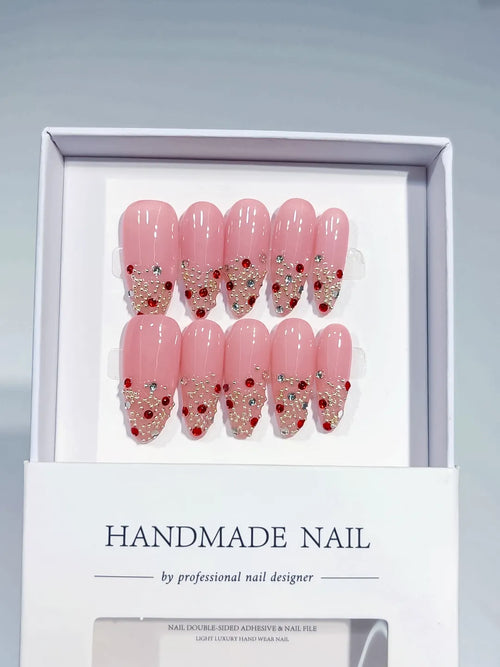 C374 - Long Pink Almond Glitter Rhinestone