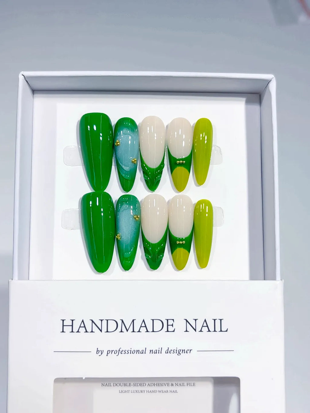 C375 - Long Green Almond Abstract Swirl Bead