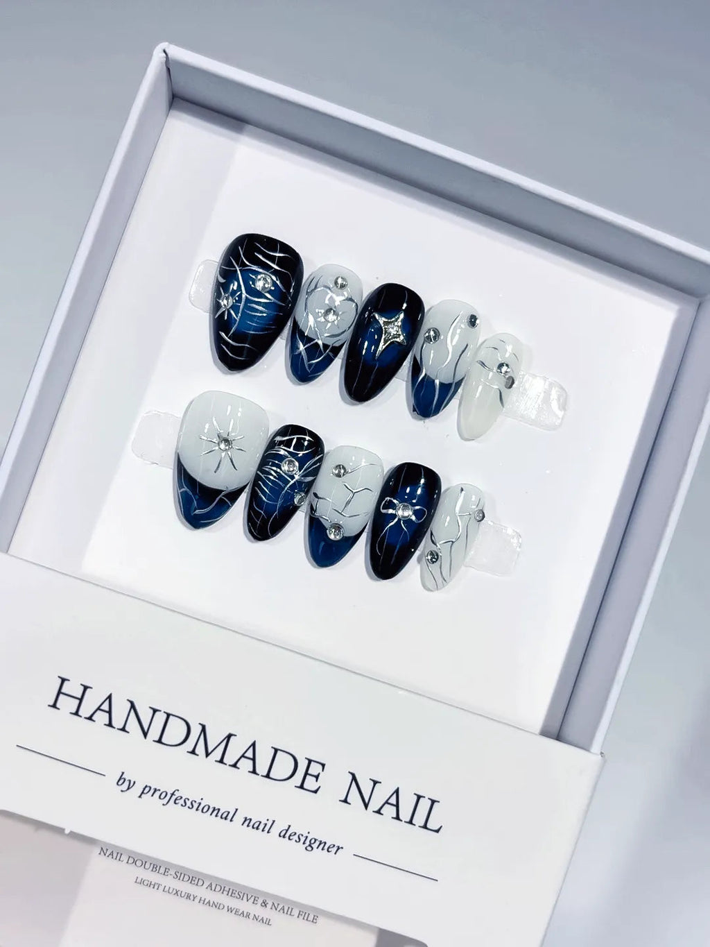 C376 - Short White Black Almond Abstract Swirl VibeNailsLab