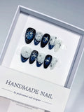 C376 - Short White Black Almond Abstract Swirl VibeNailsLab