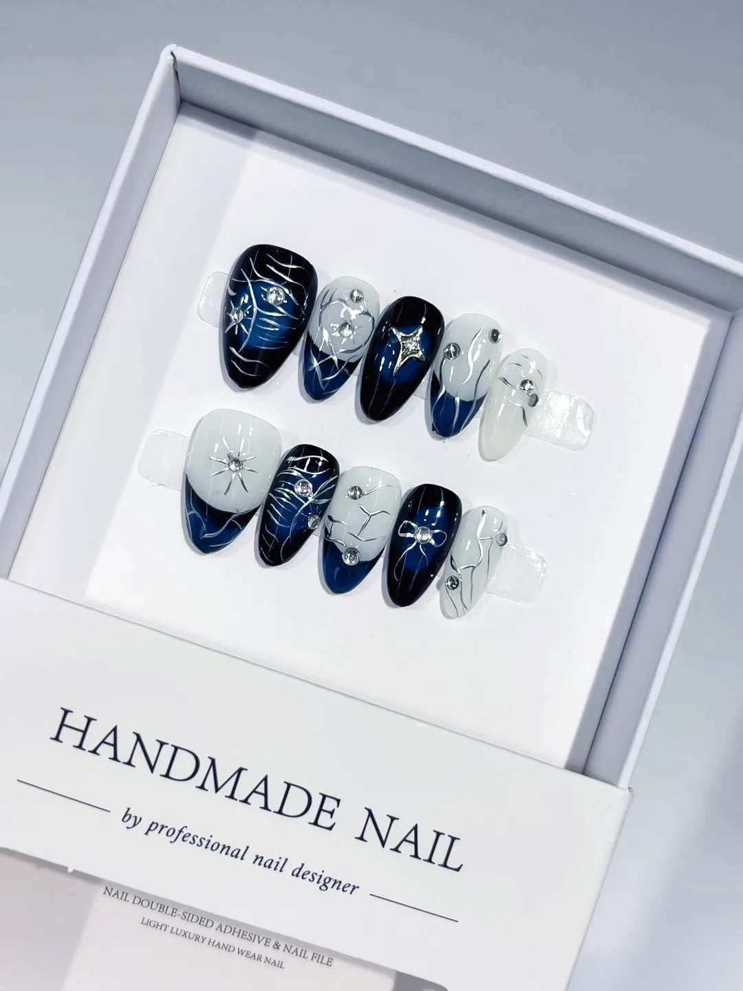 C376 - Short White Black Almond Abstract Swirl VibeNailsLab