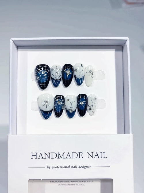 C376 - Short White Black Almond Abstract Swirl VibeNailsLab