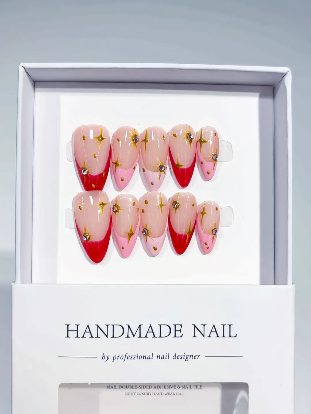 C377 - Medium Nude Red Almond French tip Star Rhinestone