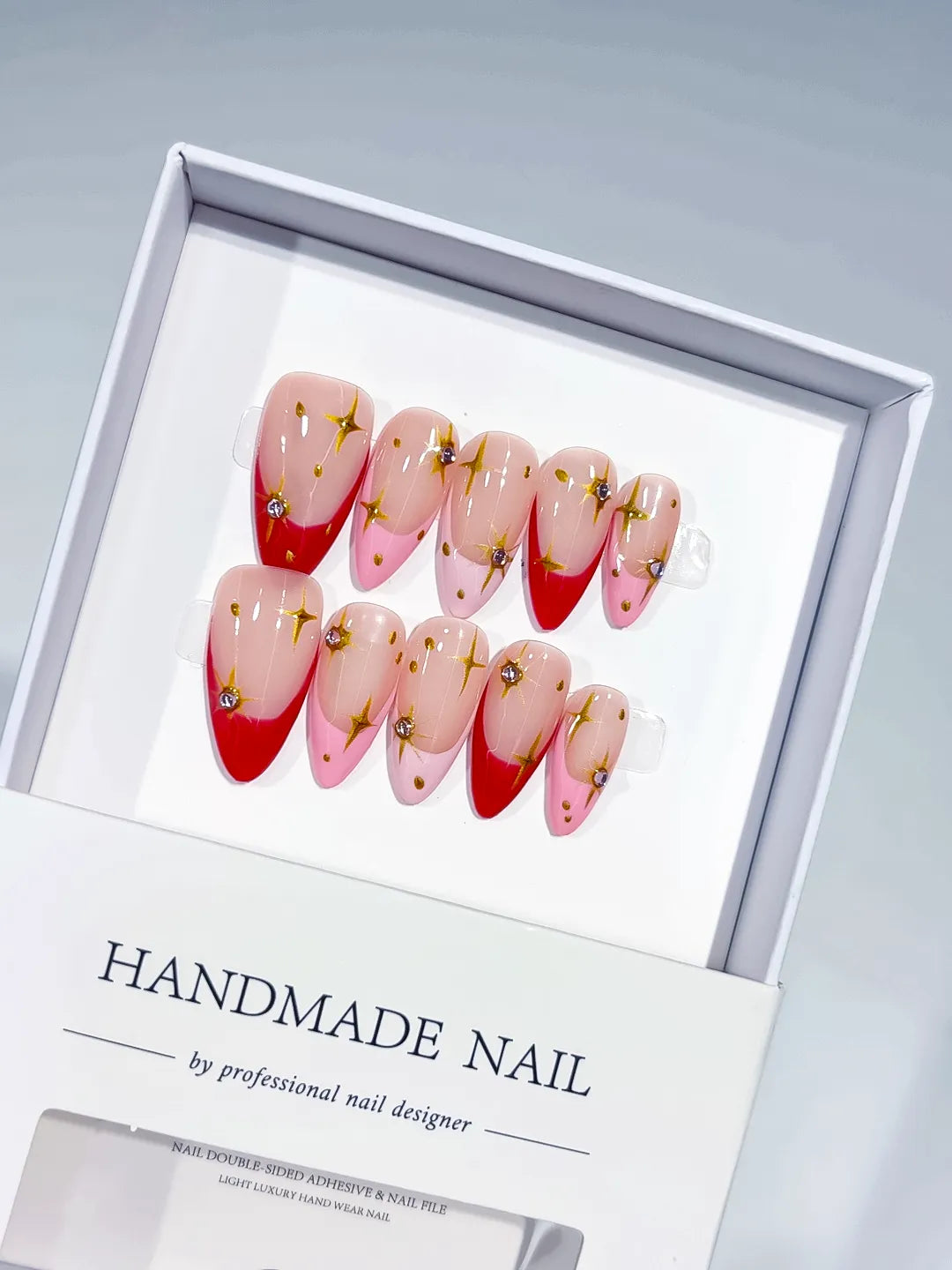 C377 - Medium Nude Red Almond French tip Star Rhinestone