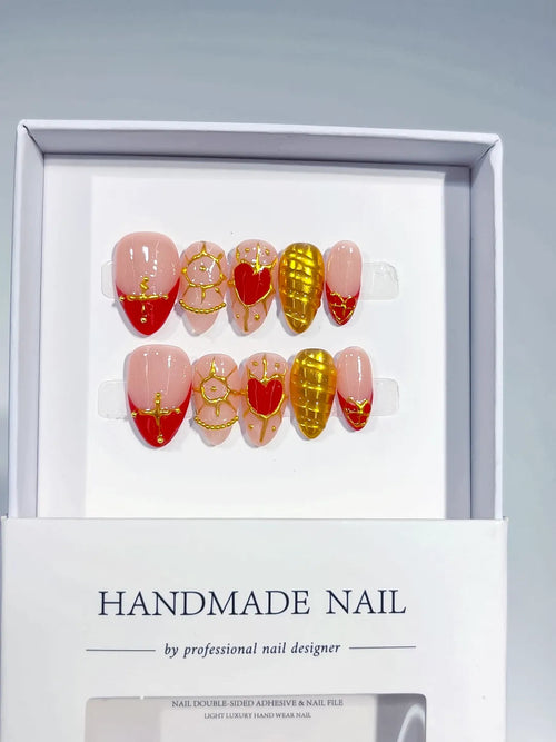 C379 - Short Nude Red Almond Glitter Heart VibeNailsLab