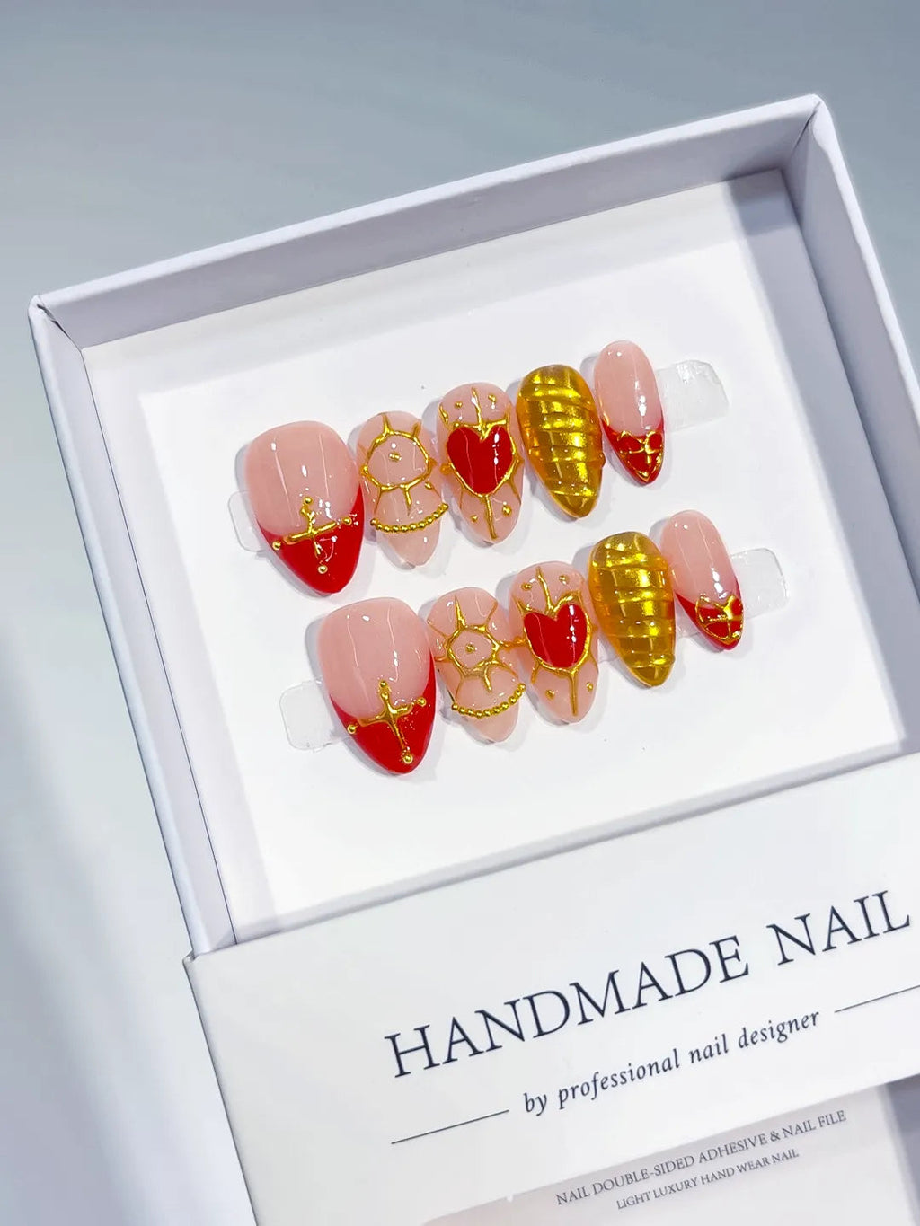 C379 - Short Nude Red Almond Glitter Heart VibeNailsLab
