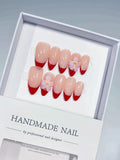 C380 - Medium Nude Red Almond French tip Flower
