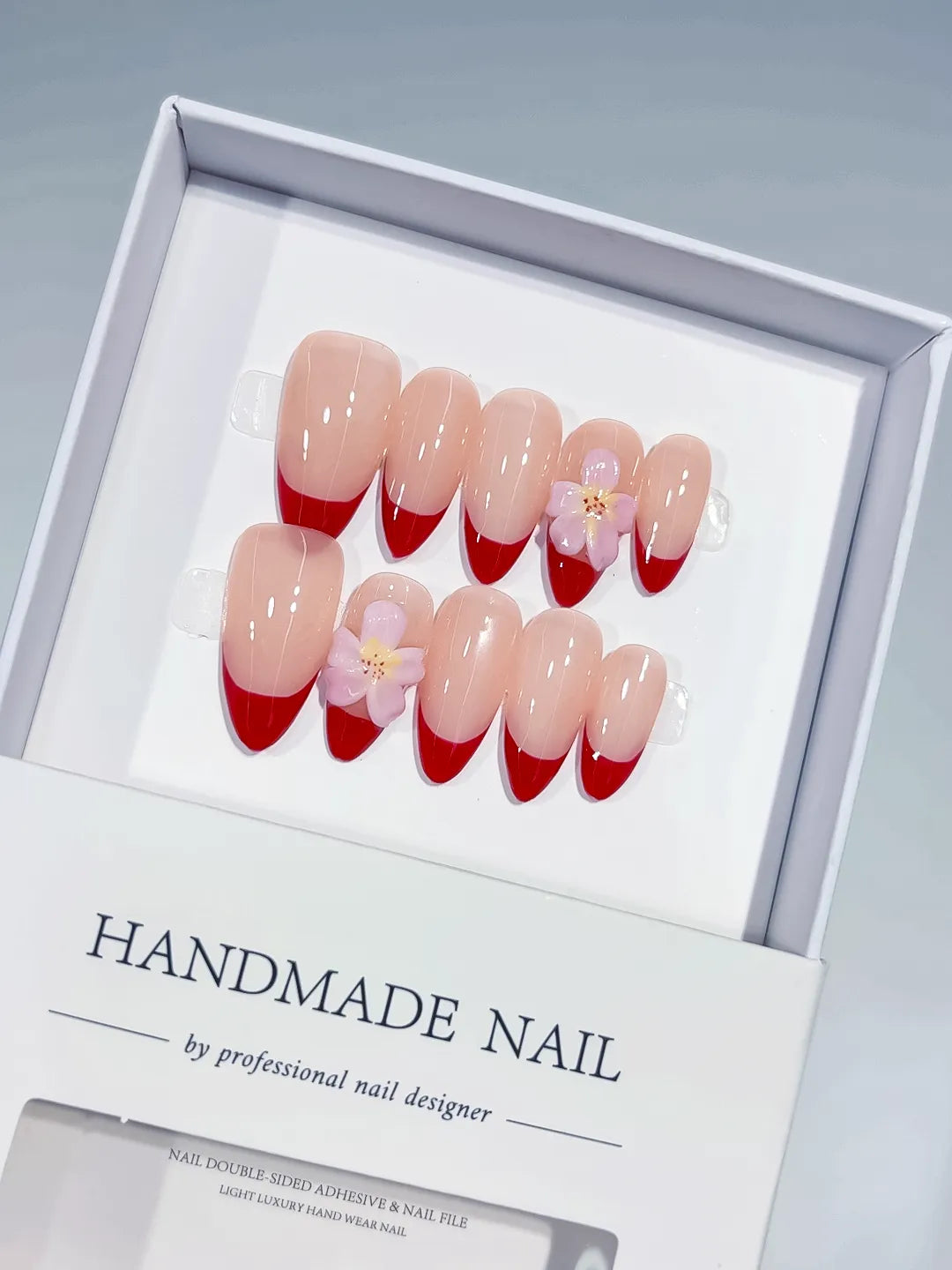 C380 - Medium Nude Red Almond French tip Flower