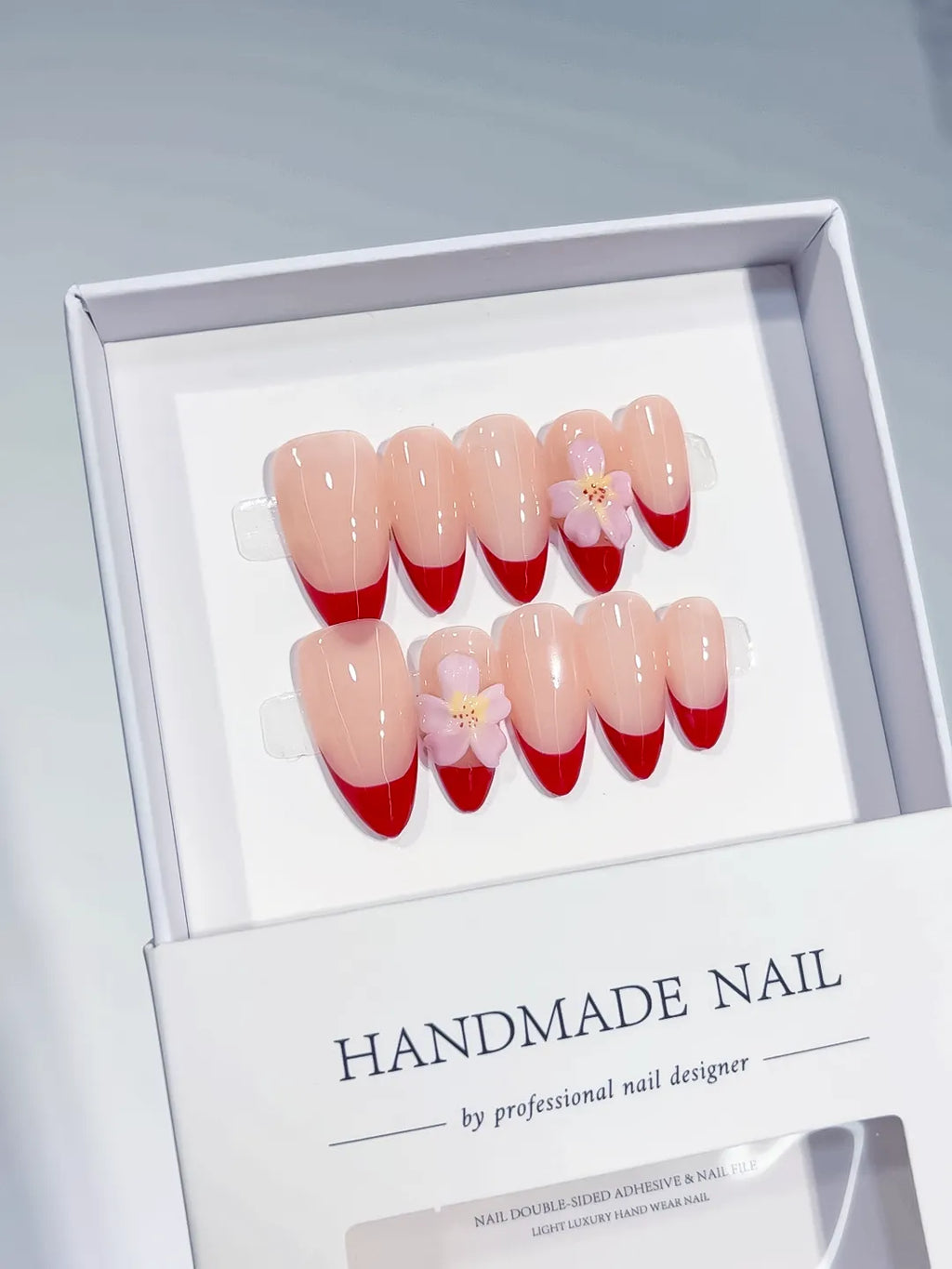 C380 - Medium Nude Red Almond French tip Flower