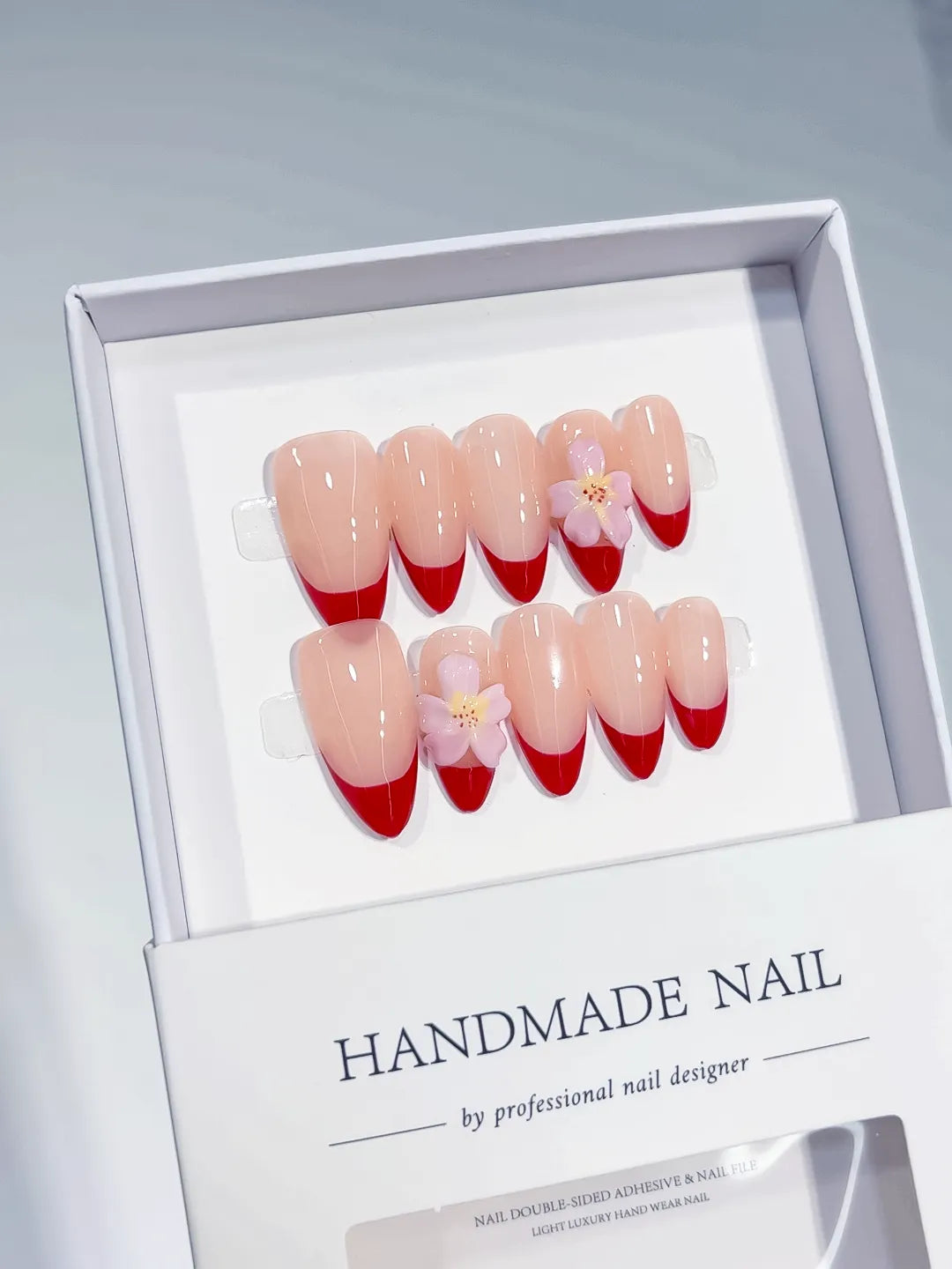 C380 - Medium Nude Red Almond French tip Flower