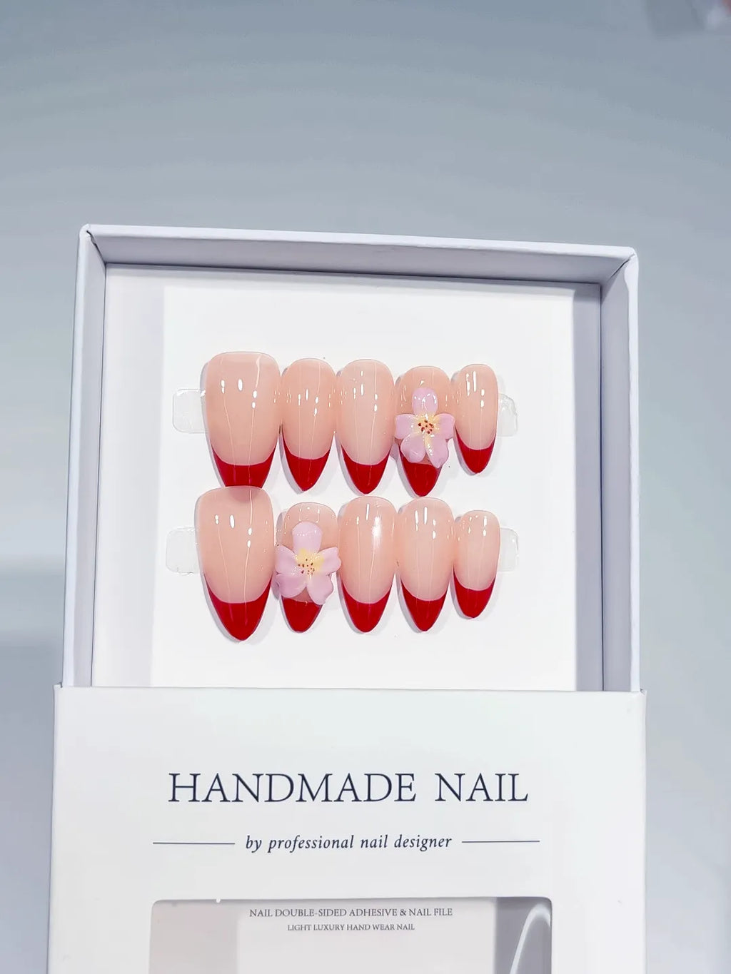 C380 - Medium Nude Red Almond French tip Flower