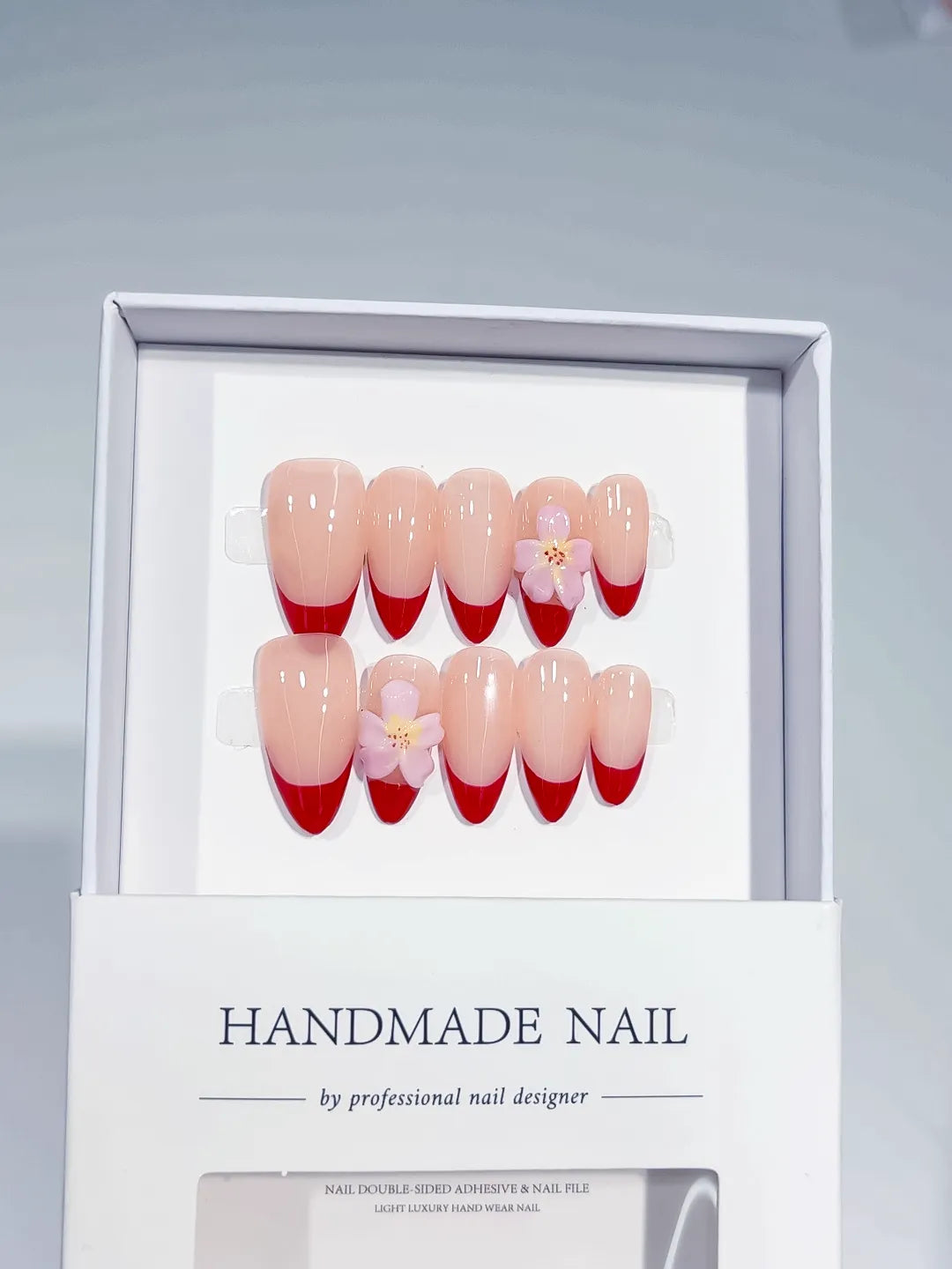 C380 - Medium Nude Red Almond French tip Flower