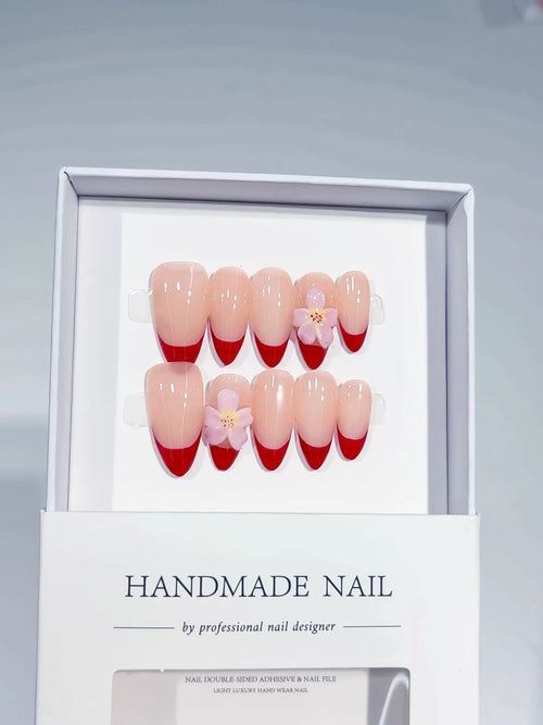 C380 - Medium Nude Red Almond French tip Flower