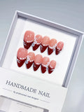 C381 - Medium Nude Red Almond French tip Flower Pearl Line