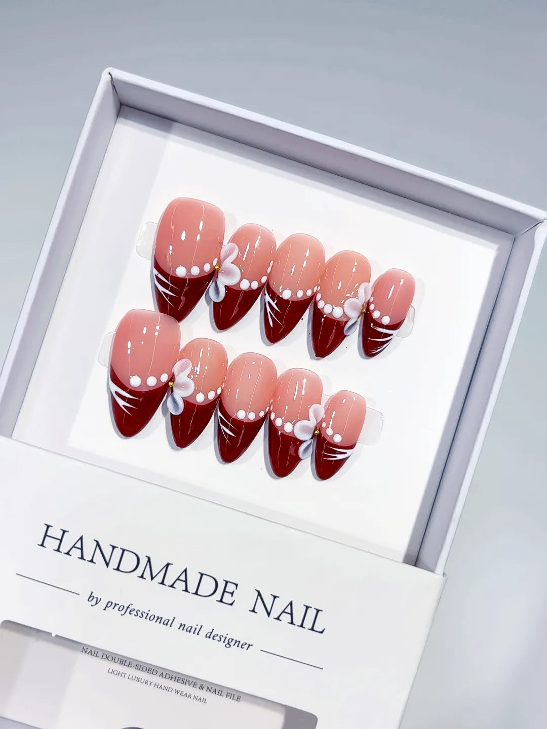 C381 - Medium Nude Red Almond French tip Flower Pearl Line