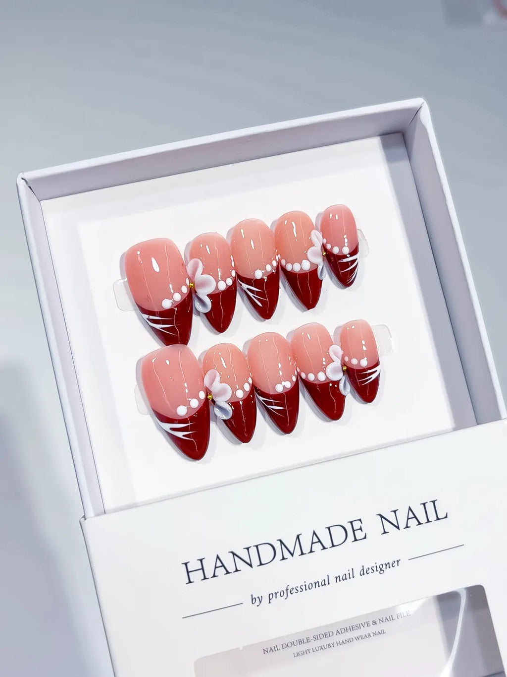 C381 - Medium Nude Red Almond French tip Flower Pearl Line