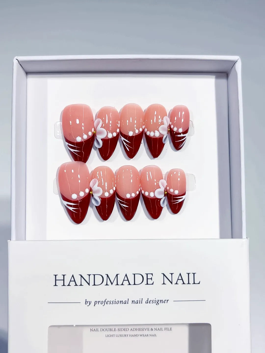 C381 - Medium Nude Red Almond French tip Flower Pearl Line