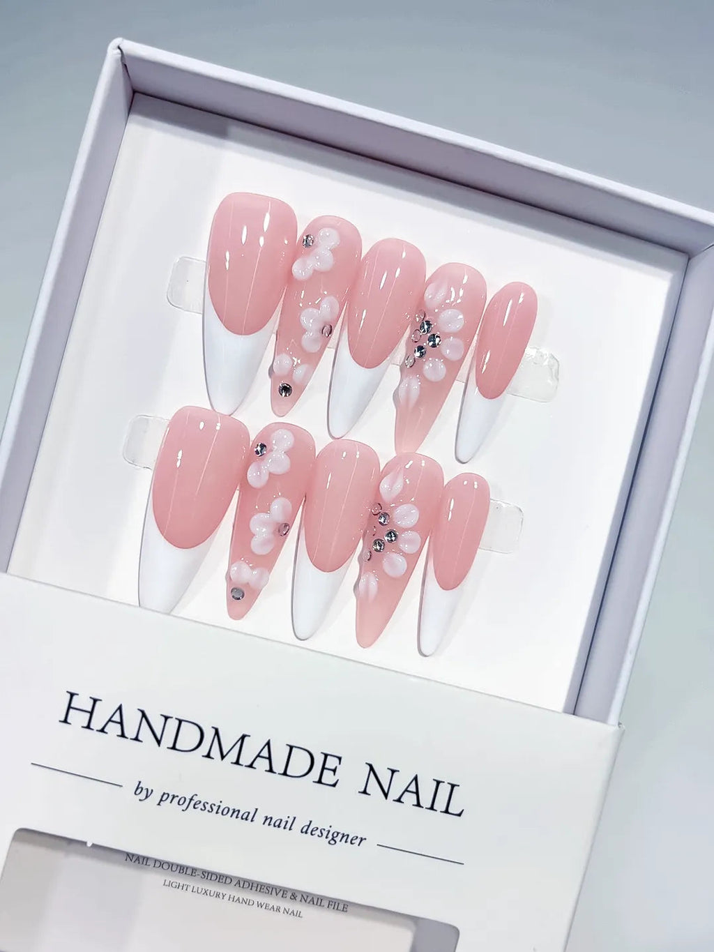 C382 - Medium Pink White Almond French tip Flower Rhinestone VibeNailsLab