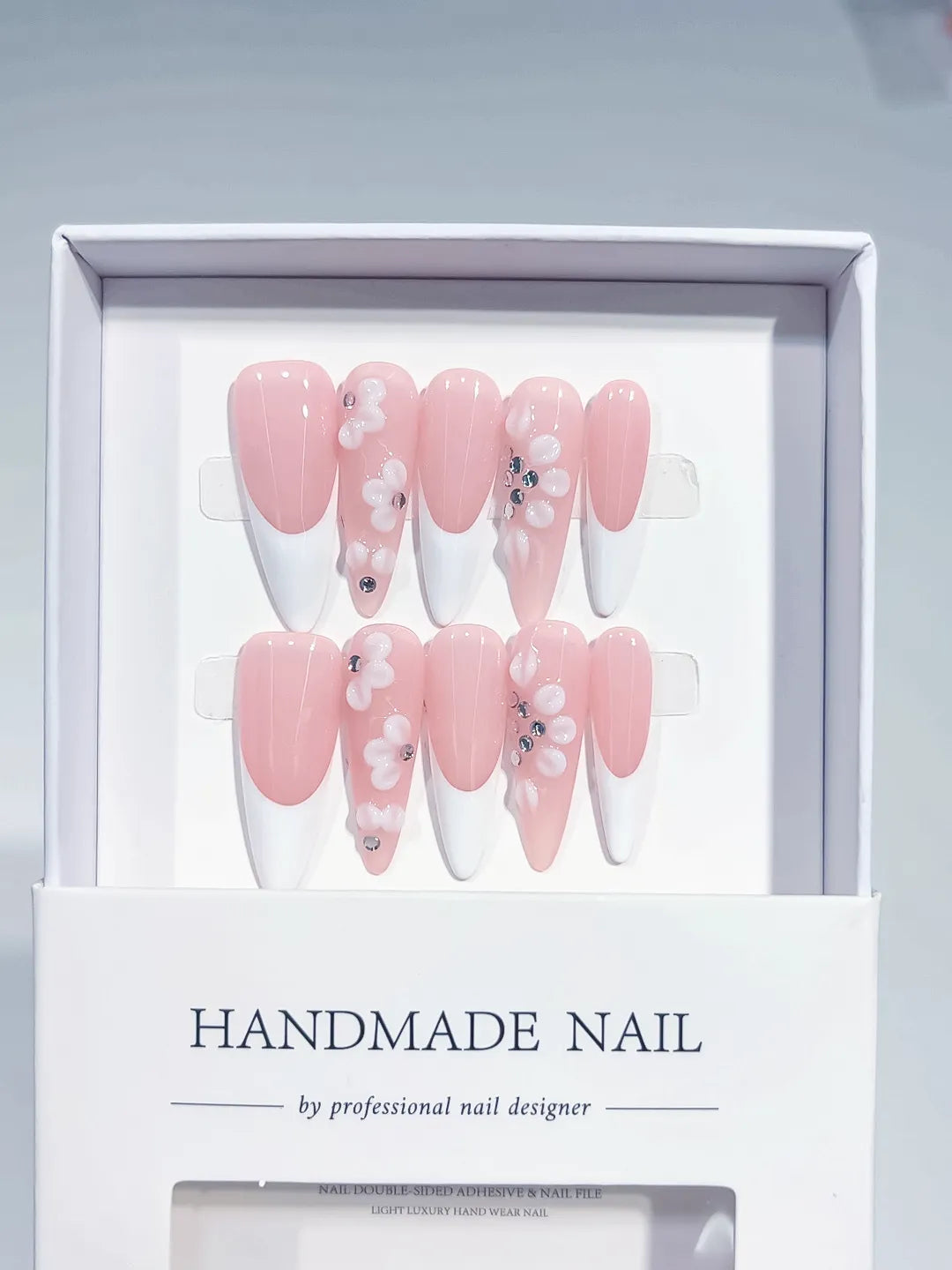 C382 - Medium Pink White Almond French tip Flower Rhinestone VibeNailsLab