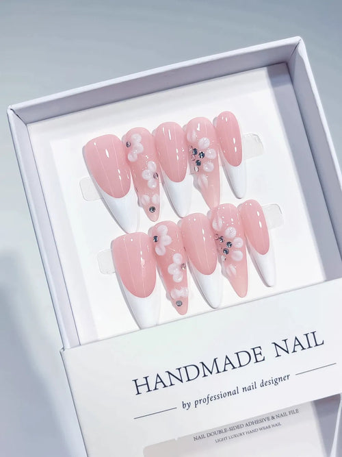 C382 - Medium Pink White Almond French tip Flower Rhinestone VibeNailsLab
