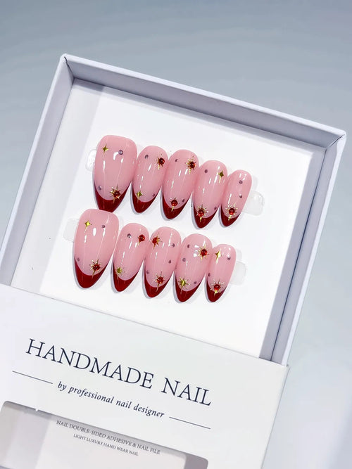 C383 - Medium Pink Red Almond French tip Star Rhinestone VibeNailsLab